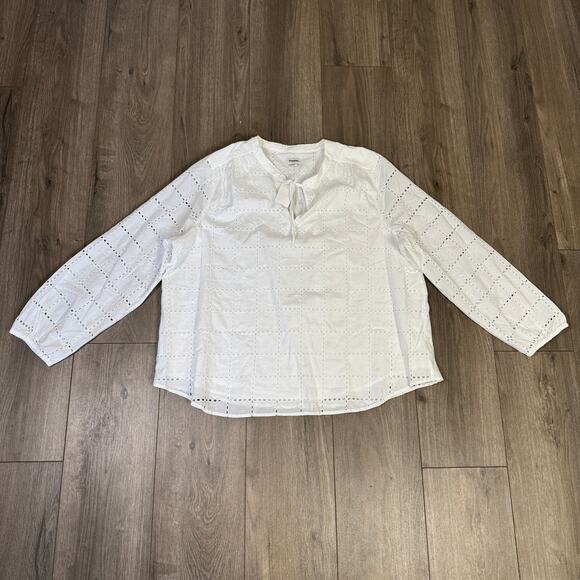 J.Crew Long-Sleeve Eyelet Tie-Neck Top Womens Plus 2X White Cotton Lightweight - Picture 4 of 9